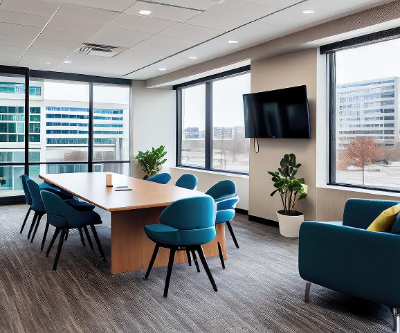 Configured meeting room with display and collaboration table